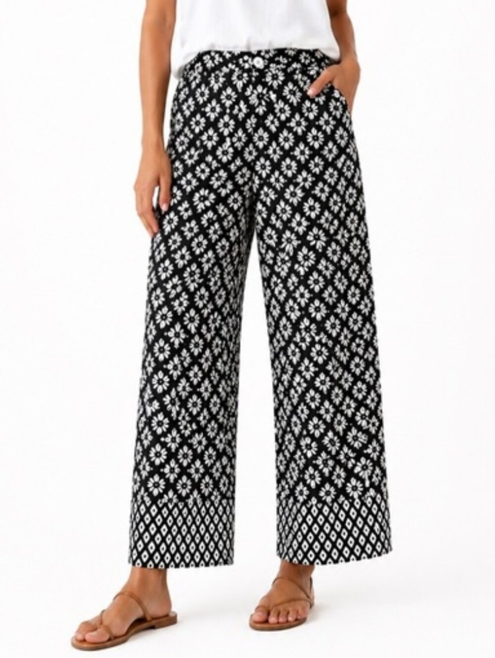 Rachel Zoe Wide Leg 100% Linen Pants Black White Floral Pattern Women's Large